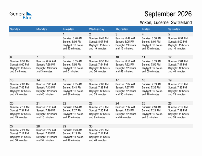 Wikon September 2026 sunrise and sunset calendar in PDF, Excel, and Word