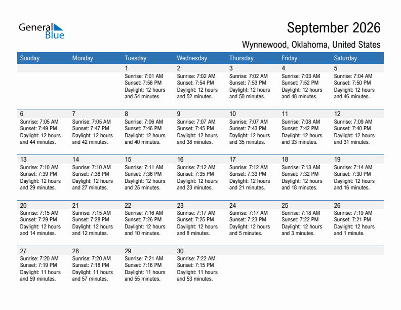 Wynnewood September 2026 sunrise and sunset calendar in PDF, Excel, and Word