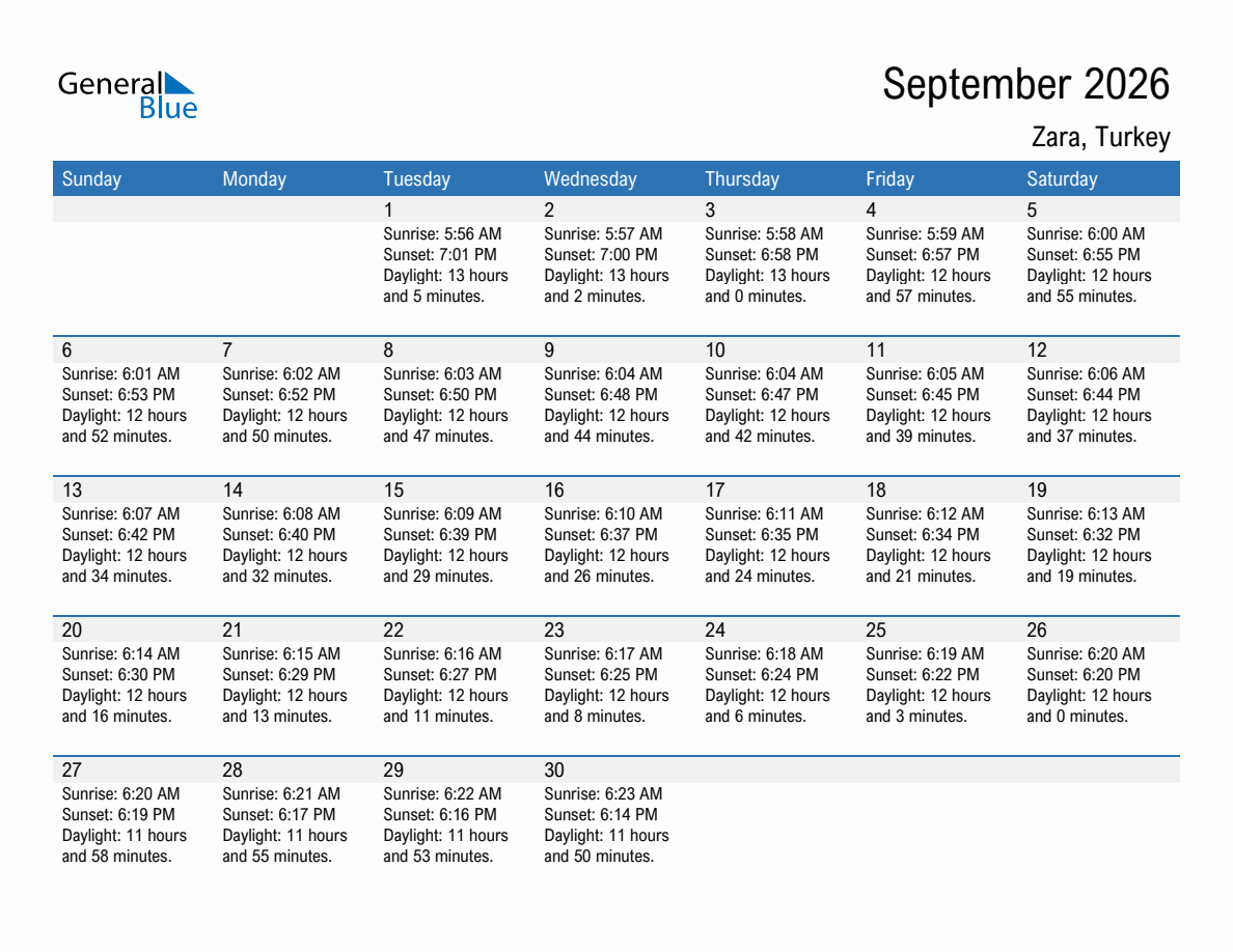 September 2026 sunrise and sunset calendar for Zara
