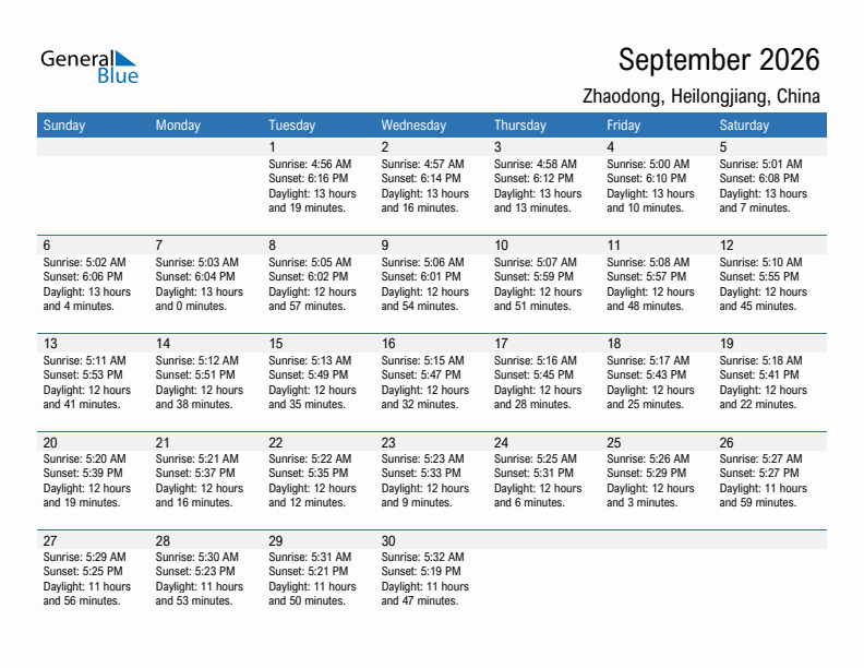 Zhaodong September 2026 sunrise and sunset calendar in PDF, Excel, and Word