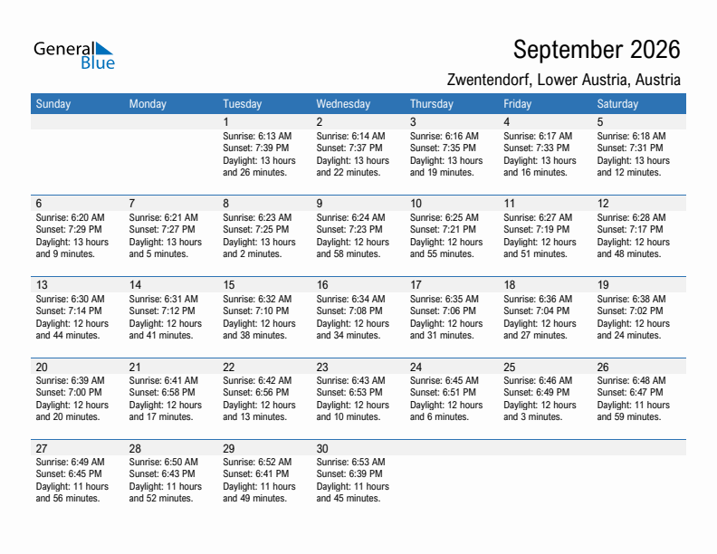 Zwentendorf September 2026 sunrise and sunset calendar in PDF, Excel, and Word