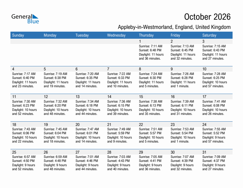 Appleby-in-Westmorland October 2026 sunrise and sunset calendar in PDF, Excel, and Word