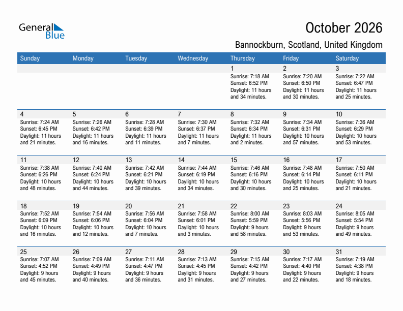 Bannockburn October 2026 sunrise and sunset calendar in PDF, Excel, and Word