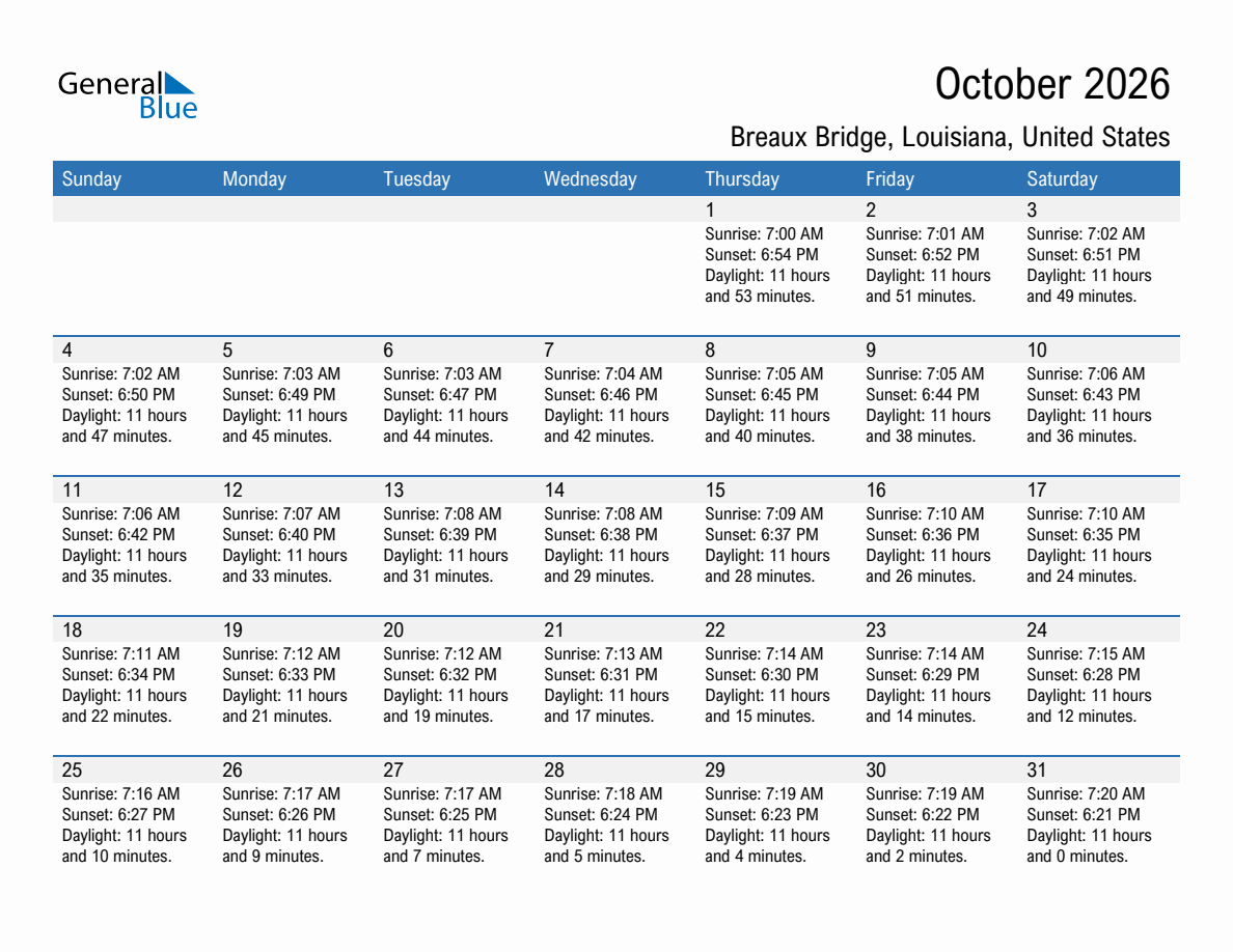 October 2026 sunrise and sunset calendar for Breaux Bridge