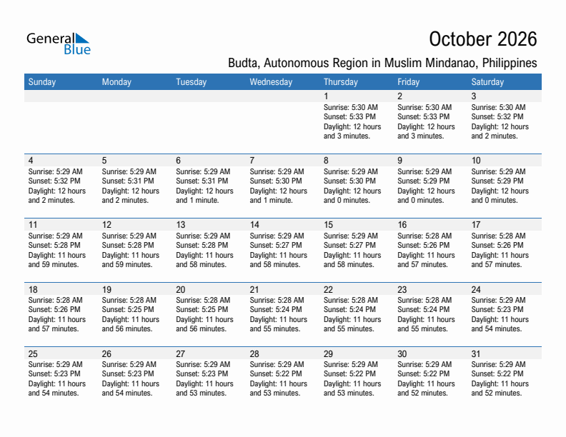 Budta October 2026 sunrise and sunset calendar in PDF, Excel, and Word