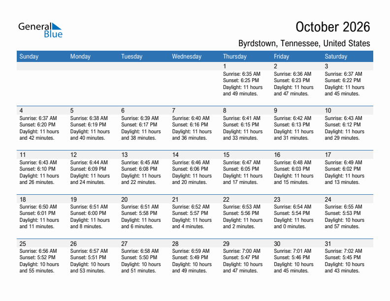 Byrdstown October 2026 sunrise and sunset calendar in PDF, Excel, and Word