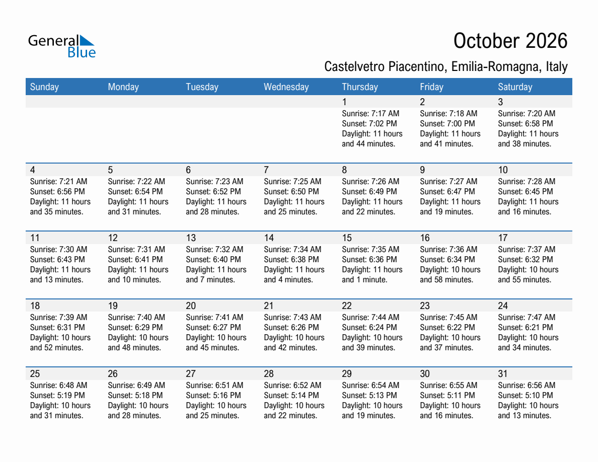 October 2026 sunrise and sunset calendar for Castelvetro Piacentino