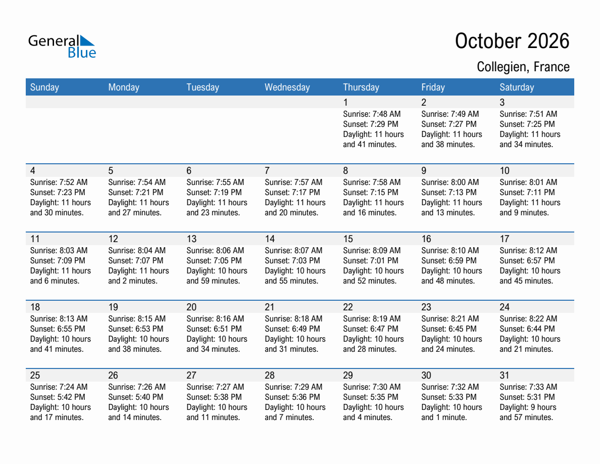 October 2026 sunrise and sunset calendar for Collegien