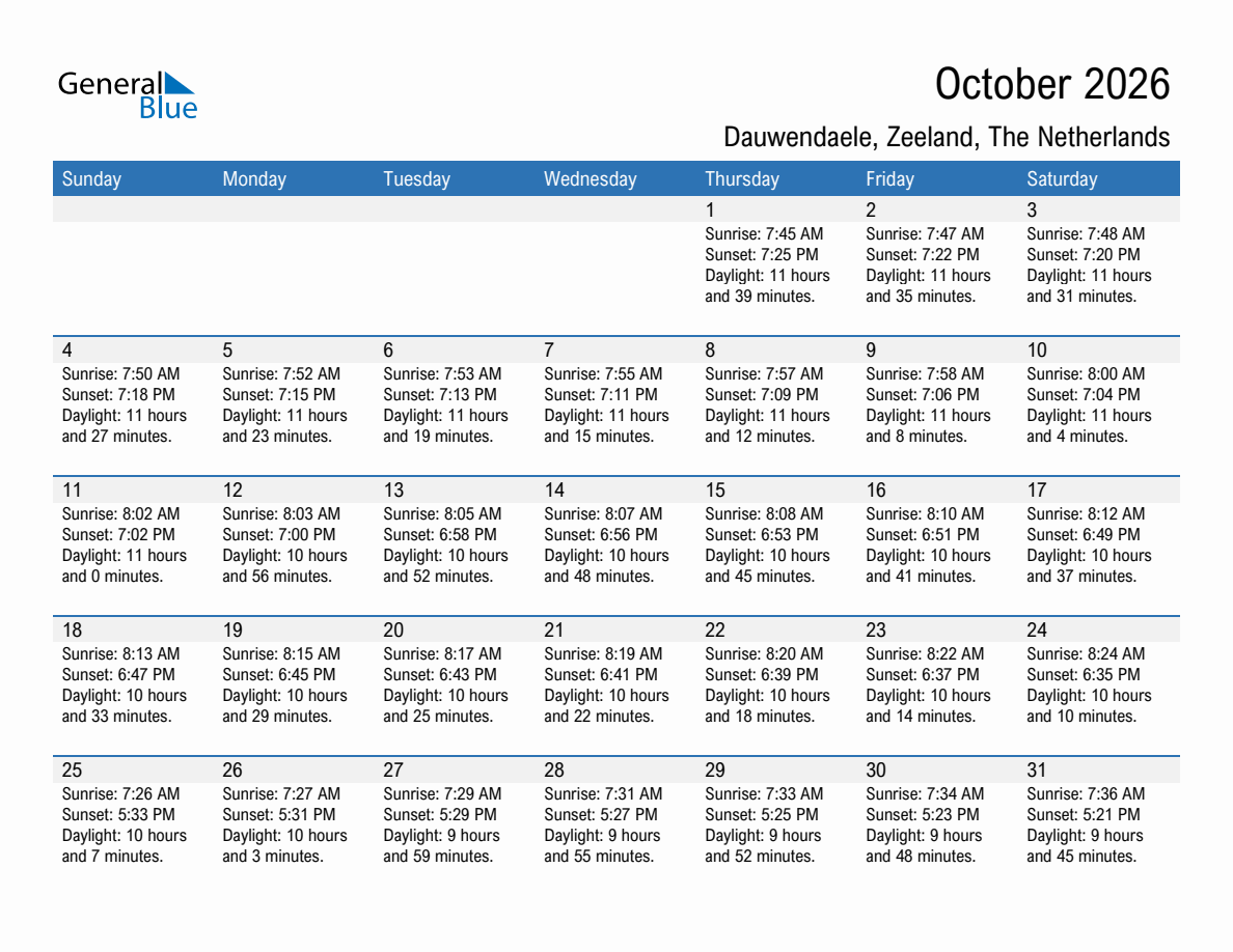 October 2026 sunrise and sunset calendar for Dauwendaele