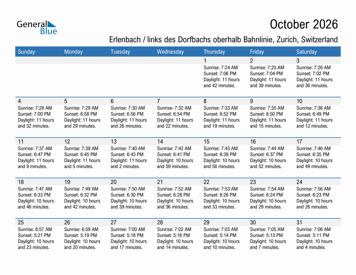 October 2026 sunrise and sunset calendar for Erlenbach / links des Dorfbachs oberhalb Bahnlinie
