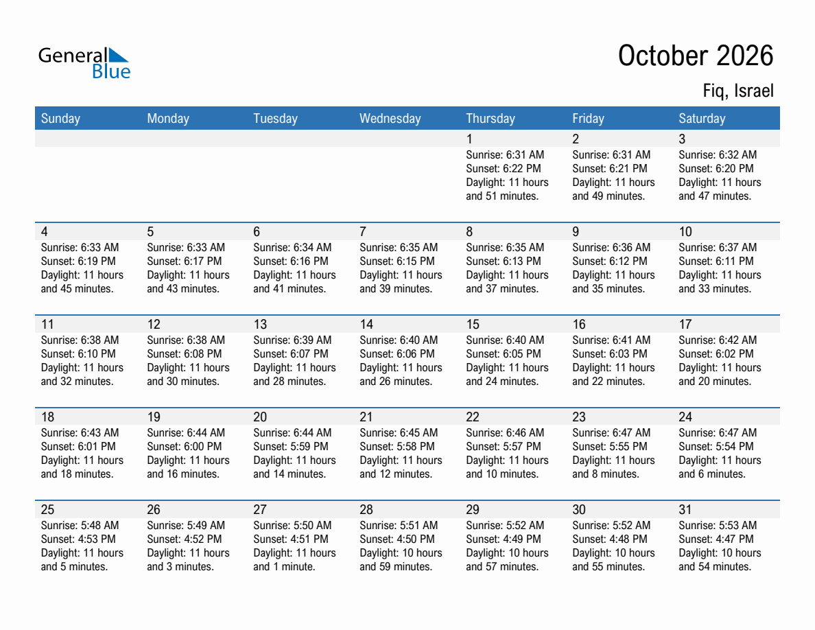 October 2026 sunrise and sunset calendar for Fiq