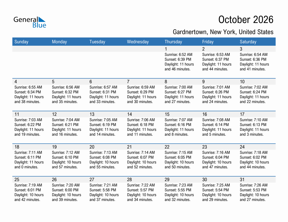 October 2026 sunrise and sunset calendar for Gardnertown