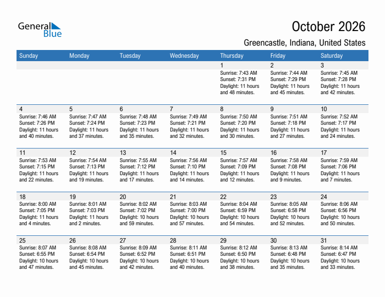 Greencastle October 2026 sunrise and sunset calendar in PDF, Excel, and Word