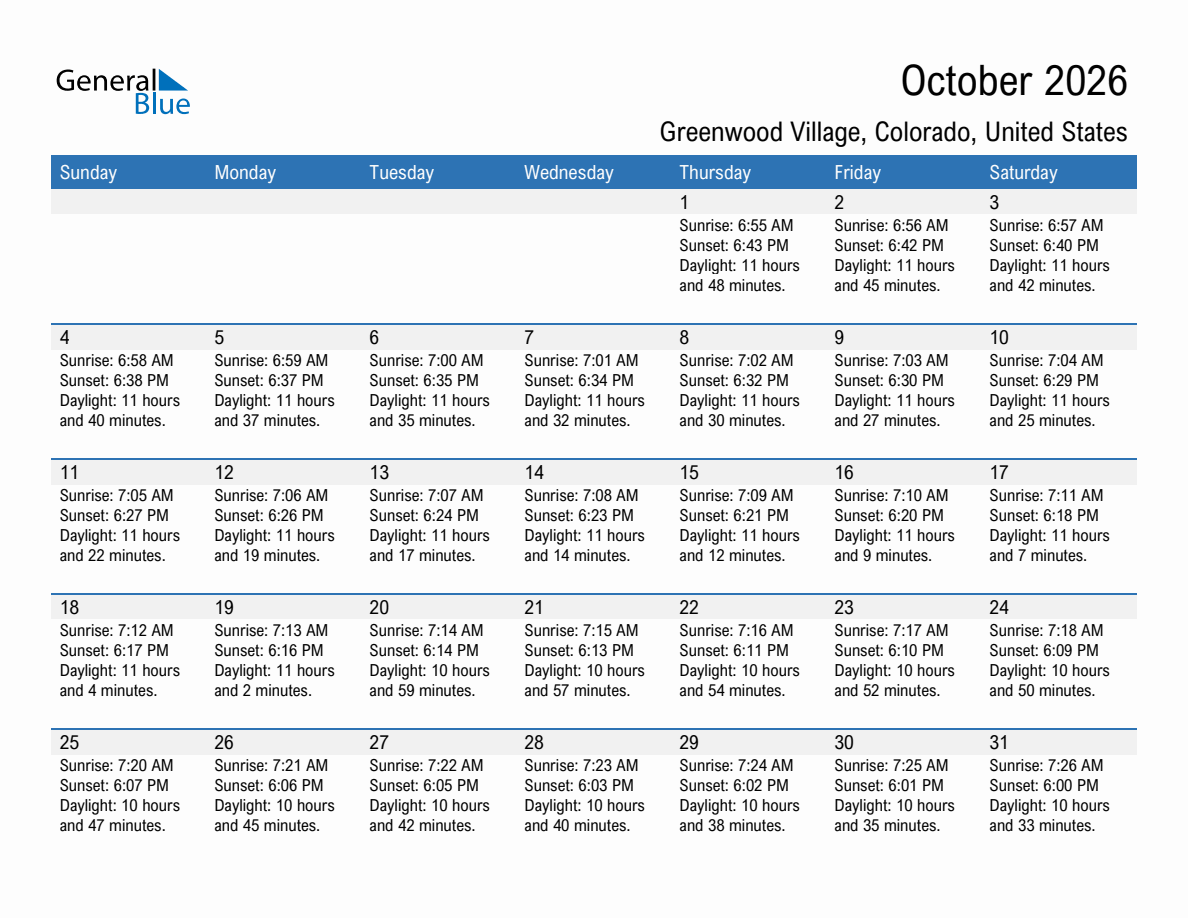 October 2026 sunrise and sunset calendar for Greenwood Village