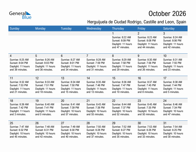 Herguijuela de Ciudad Rodrigo October 2026 sunrise and sunset calendar in PDF, Excel, and Word