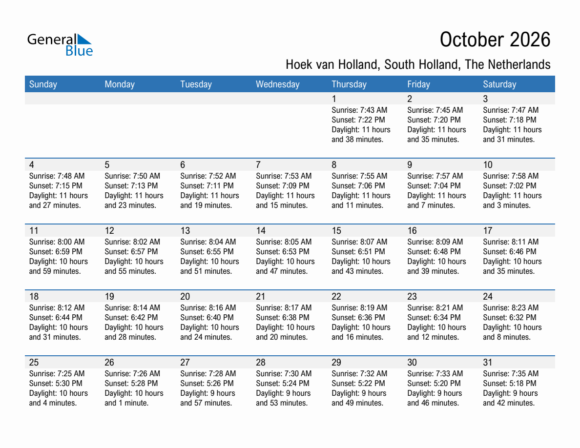 October 2026 sunrise and sunset calendar for Hoek van Holland