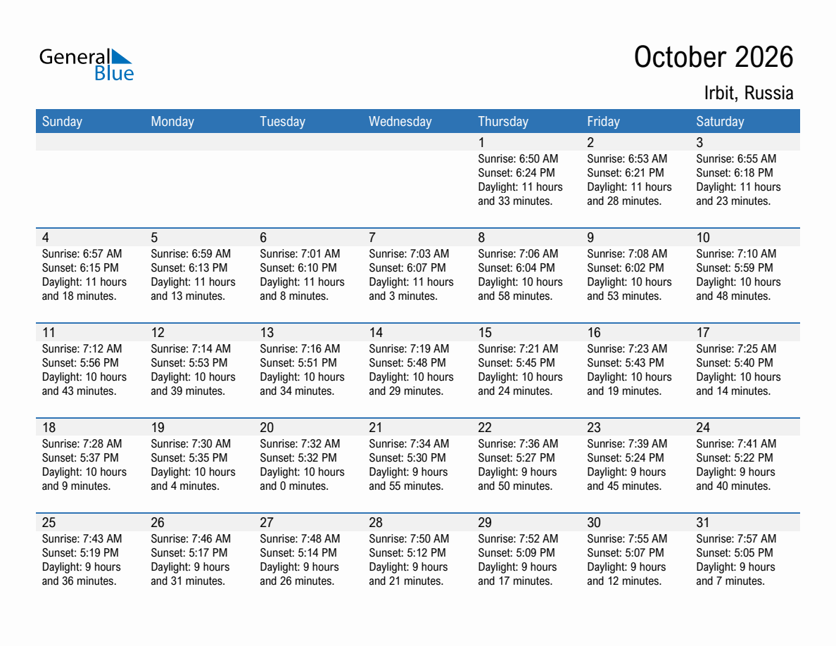 October 2026 sunrise and sunset calendar for Irbit