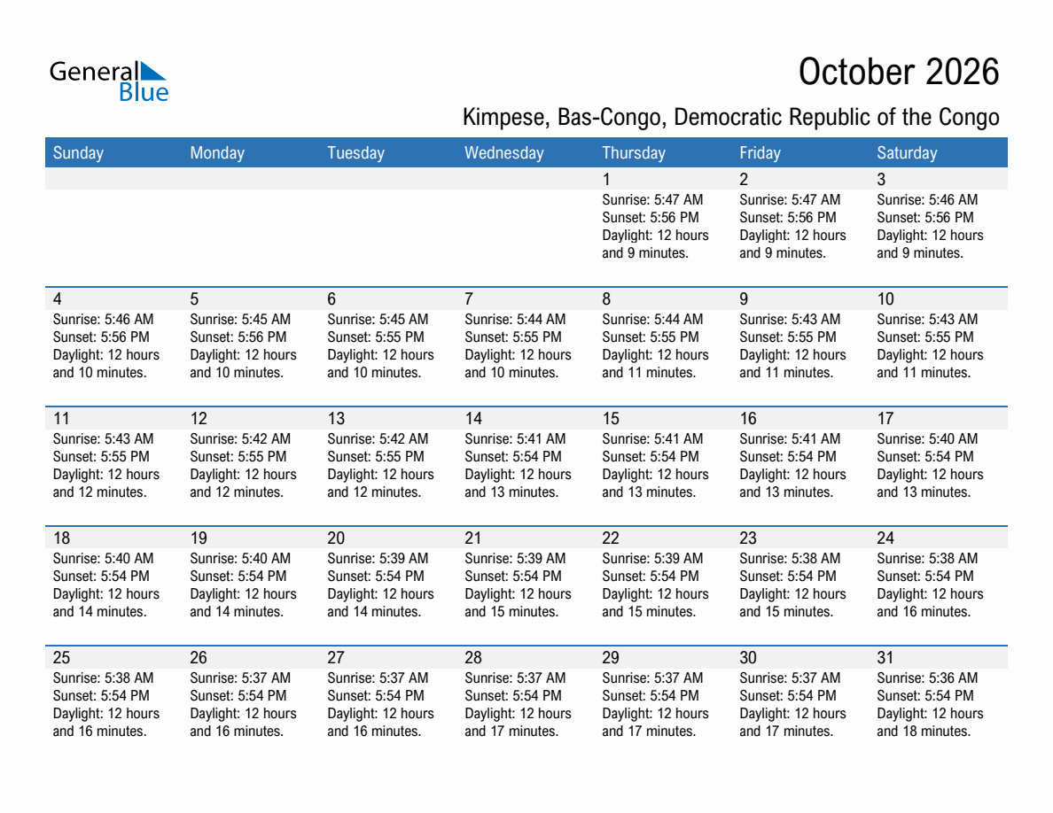 October 2026 sunrise and sunset calendar for Kimpese