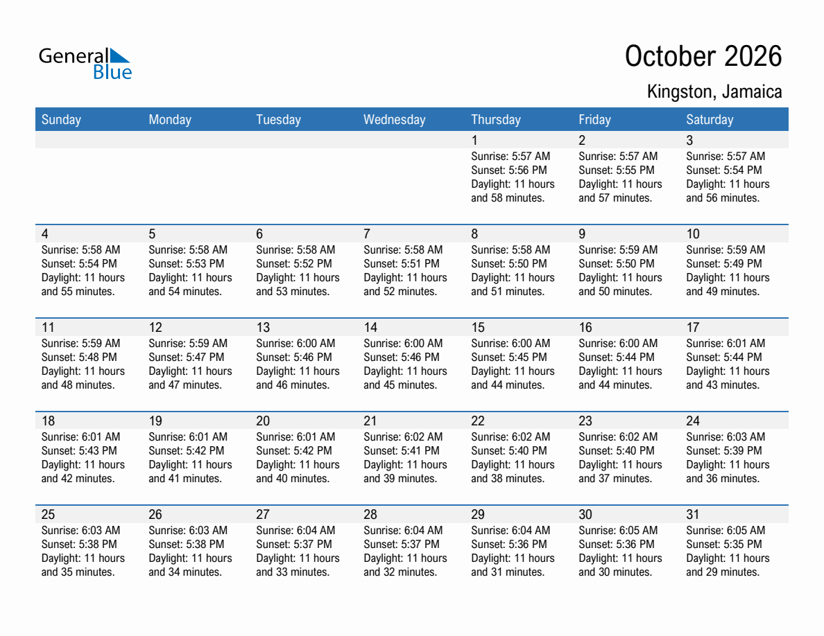 October 2026 sunrise and sunset calendar for Kingston