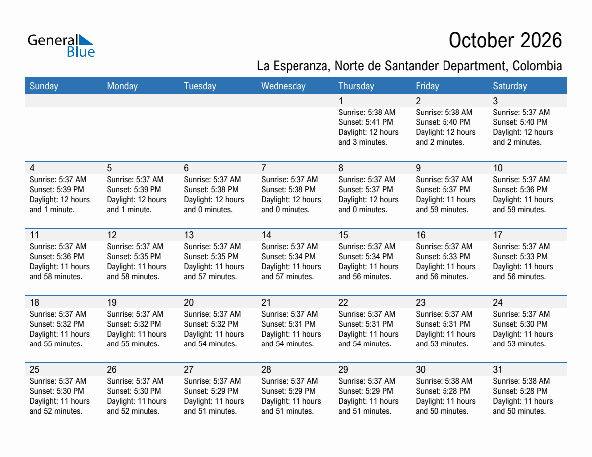 October 2026 sunrise and sunset calendar for La Esperanza