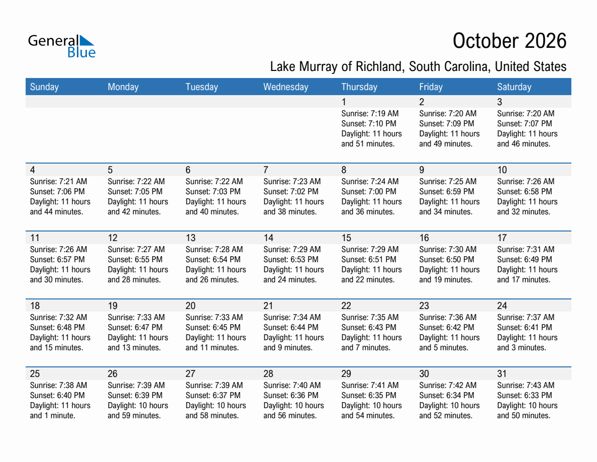 October 2026 sunrise and sunset calendar for Lake Murray of Richland