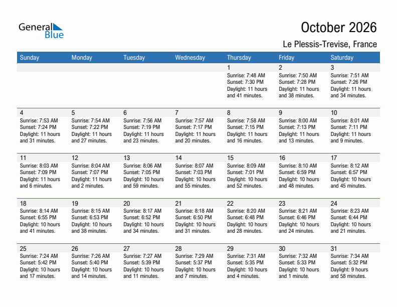 Le Plessis-Trevise October 2026 sunrise and sunset calendar in PDF, Excel, and Word