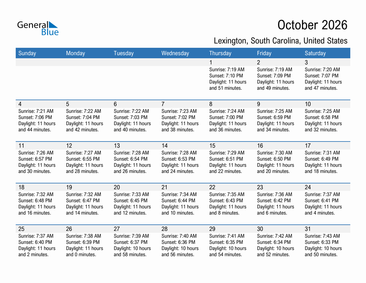 October 2026 sunrise and sunset calendar for Lexington
