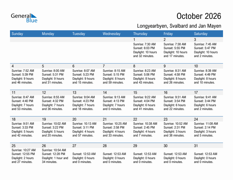 Longyearbyen October 2026 sunrise and sunset calendar in PDF, Excel, and Word