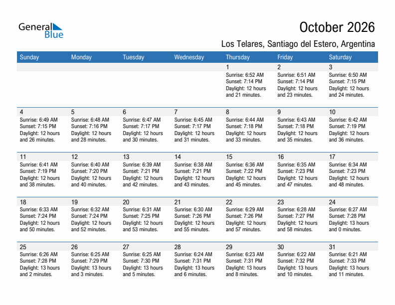 Los Telares October 2026 sunrise and sunset calendar in PDF, Excel, and Word