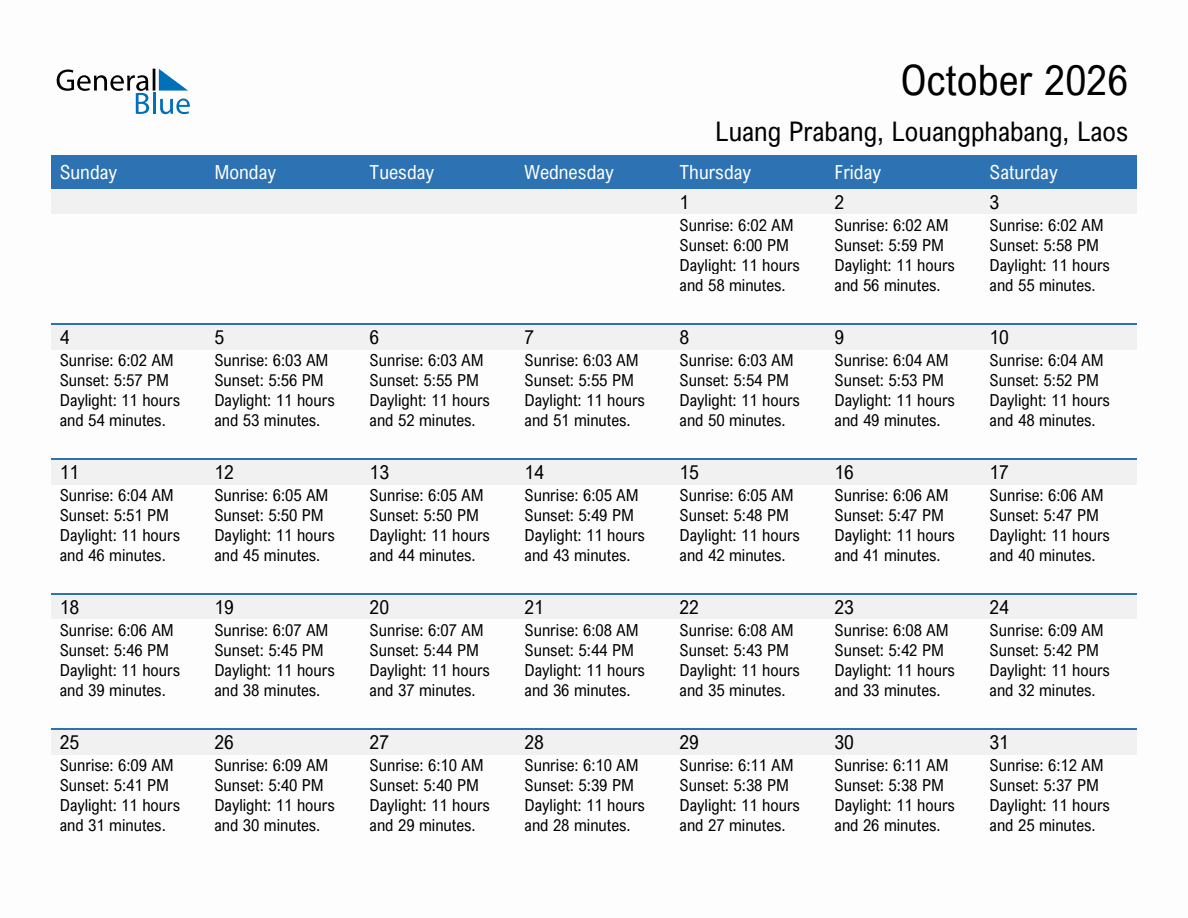 October 2026 sunrise and sunset calendar for Luang Prabang