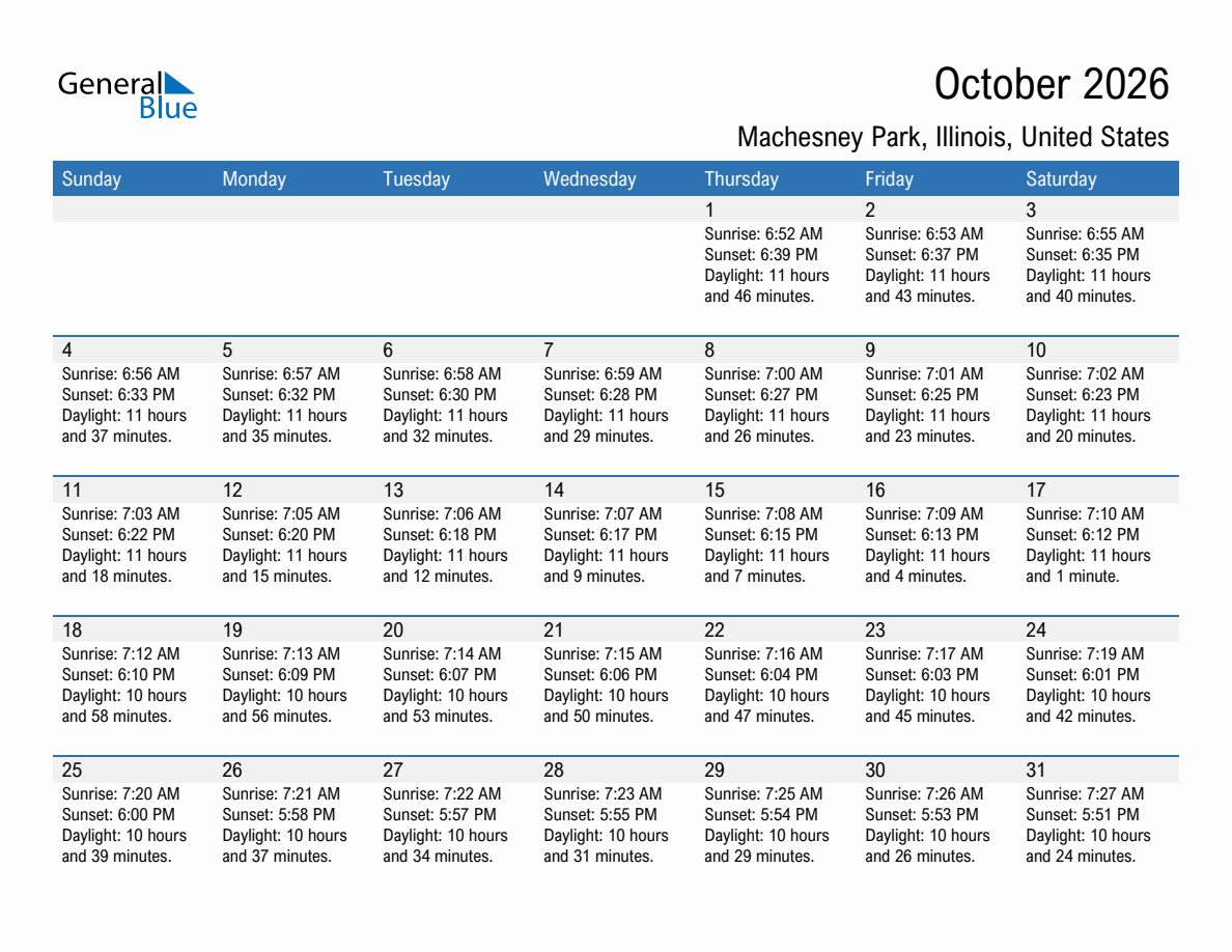 October 2026 sunrise and sunset calendar for Machesney Park