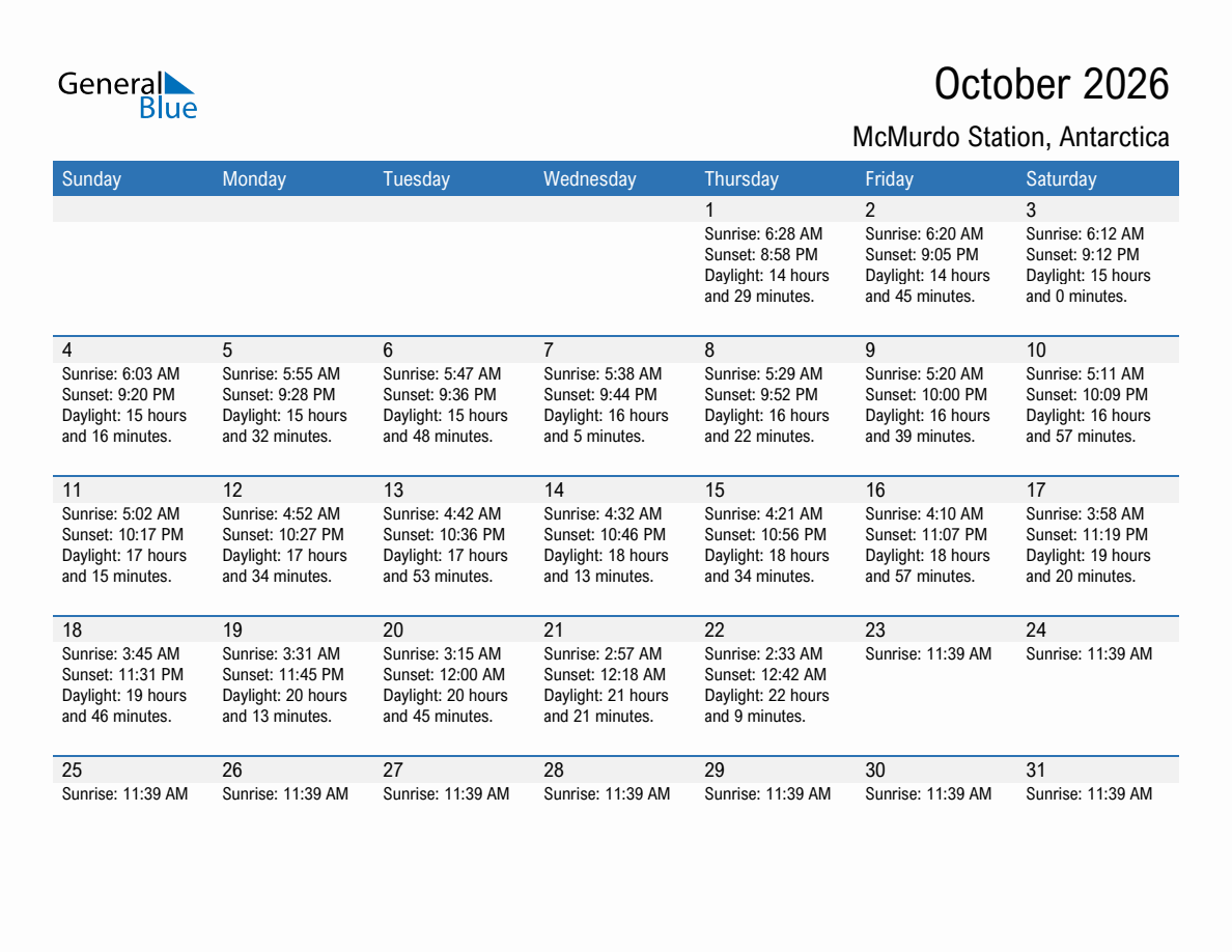 October 2026 sunrise and sunset calendar for McMurdo Station