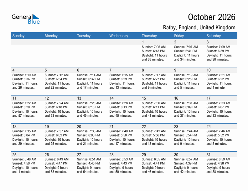 Ratby October 2026 sunrise and sunset calendar in PDF, Excel, and Word