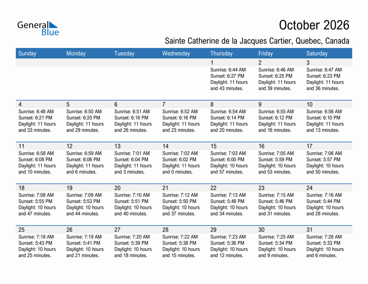 October 2026 sunrise and sunset calendar for Sainte Catherine de la Jacques Cartier