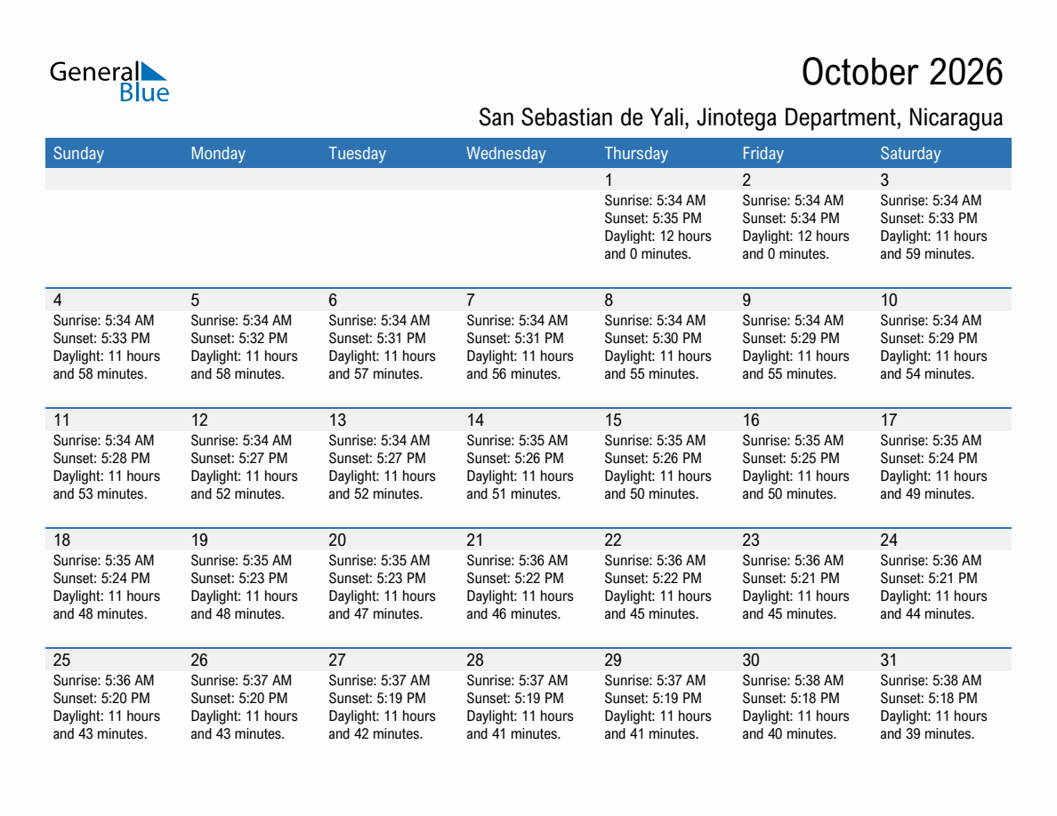 October 2026 sunrise and sunset calendar for San Sebastian de Yali