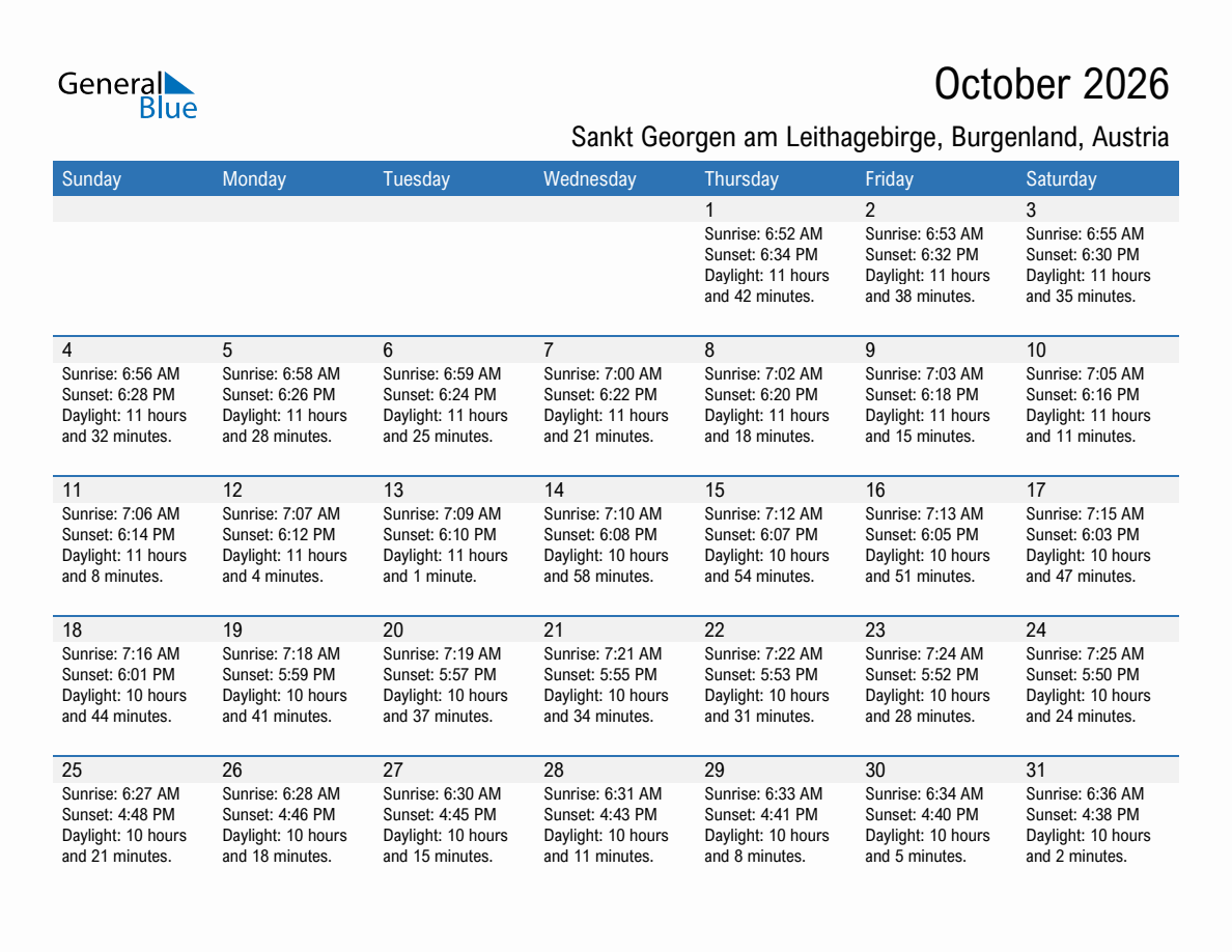 October 2026 sunrise and sunset calendar for Sankt Georgen am Leithagebirge