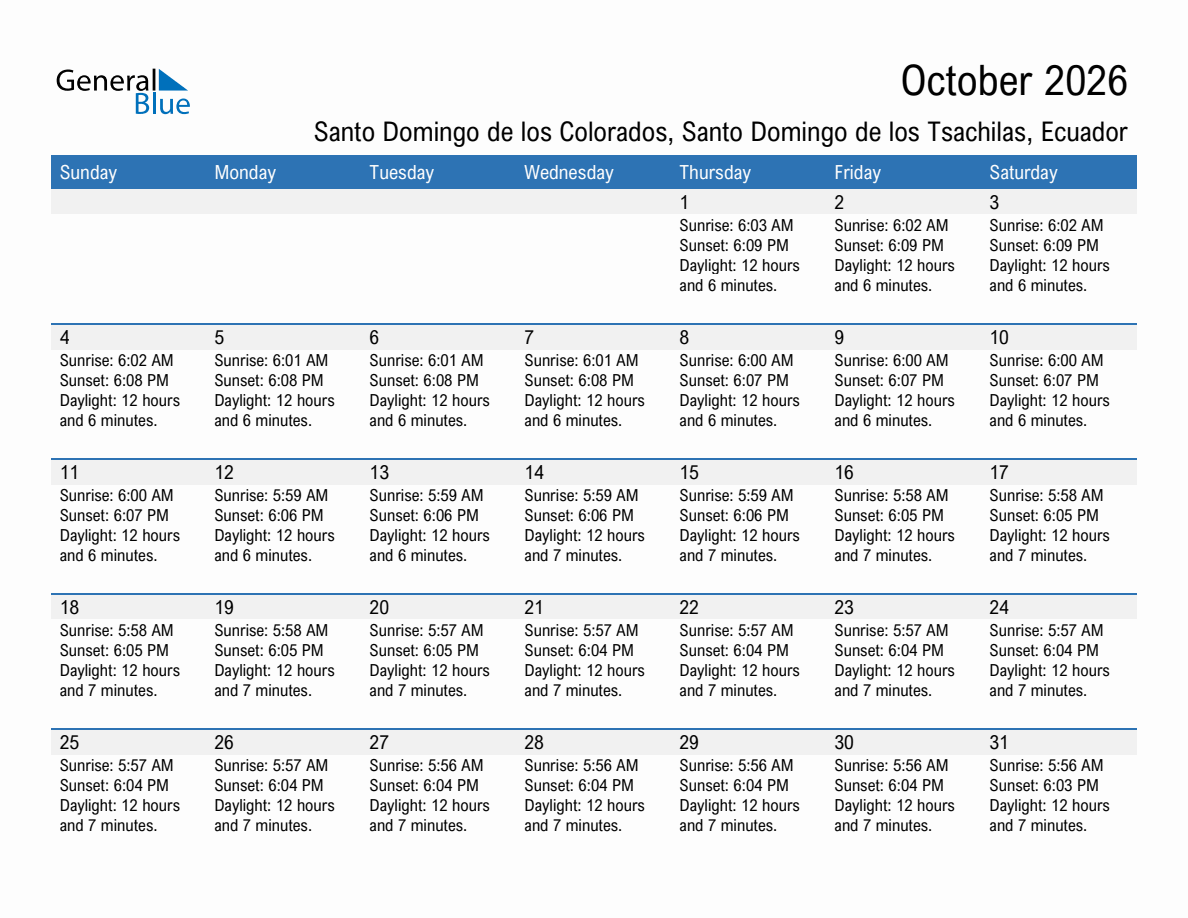 October 2026 sunrise and sunset calendar for Santo Domingo de los Colorados