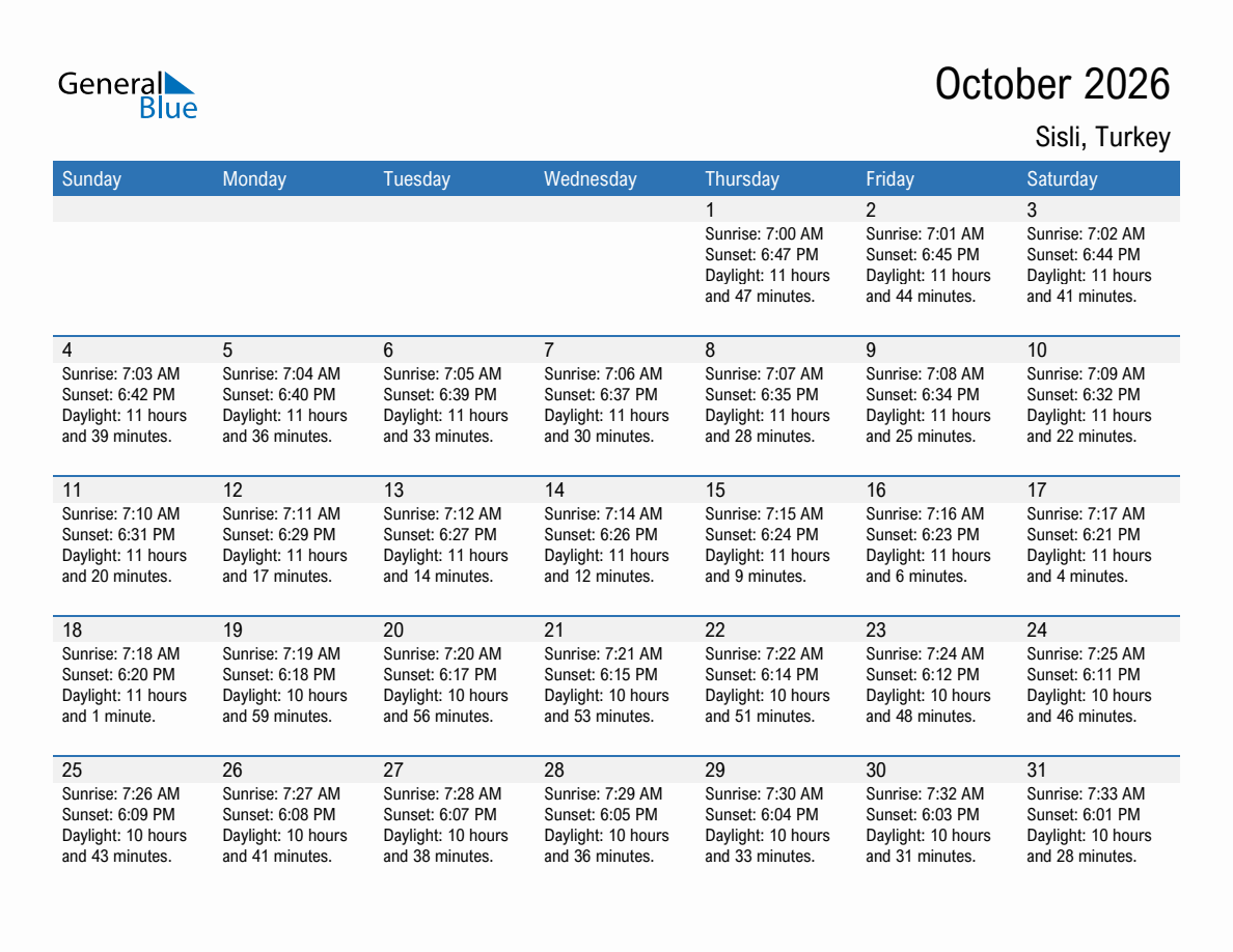 October 2026 sunrise and sunset calendar for Sisli