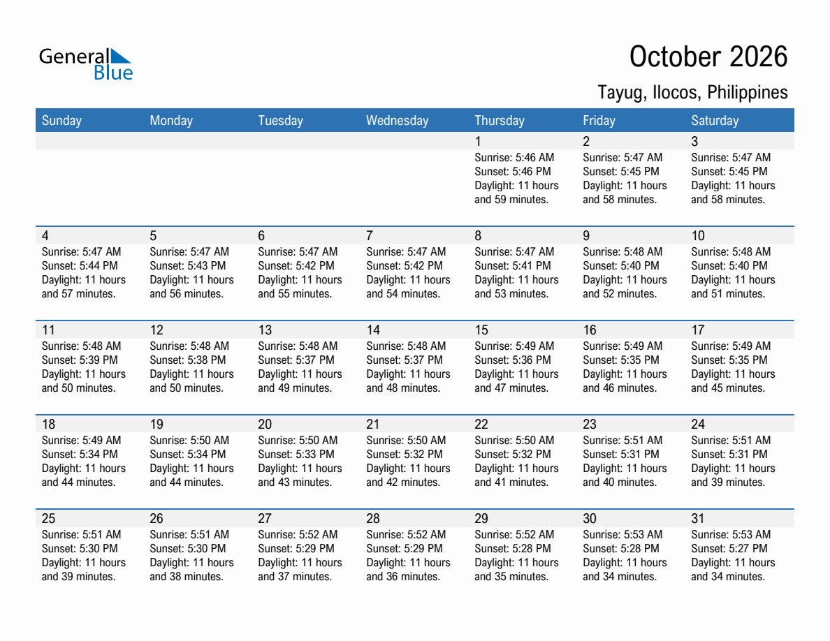 October 2026 sunrise and sunset calendar for Tayug