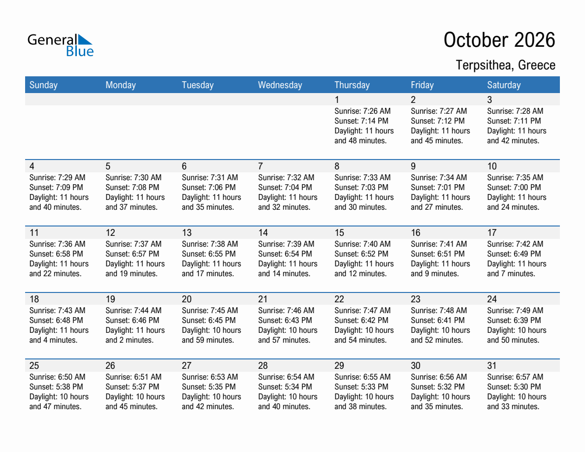 October 2026 sunrise and sunset calendar for Terpsithea