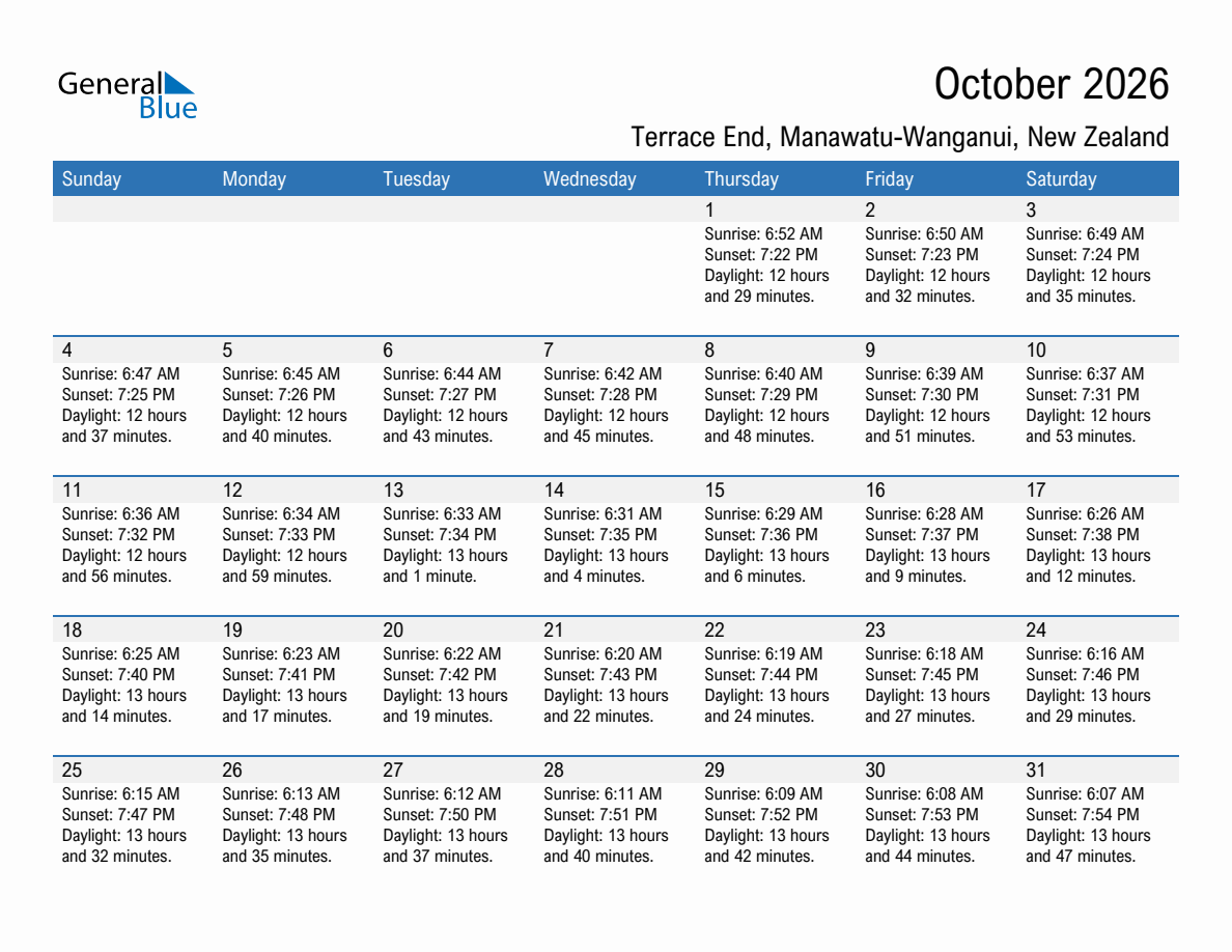 October 2026 sunrise and sunset calendar for Terrace End