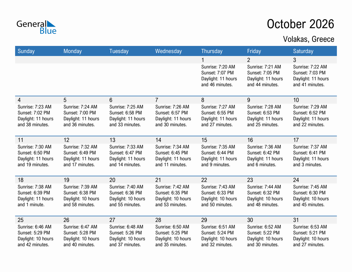 October 2026 sunrise and sunset calendar for Volakas