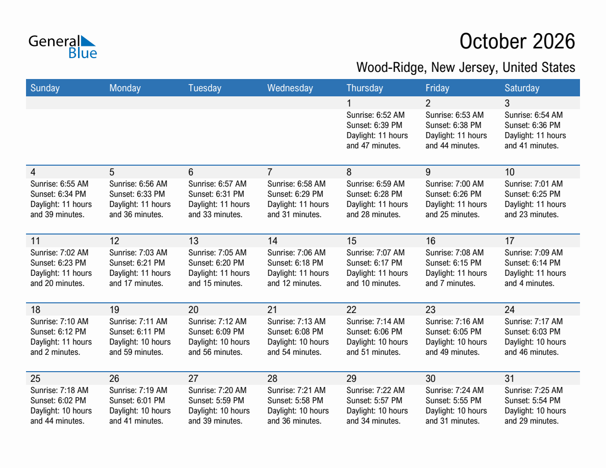October 2026 sunrise and sunset calendar for Wood-Ridge