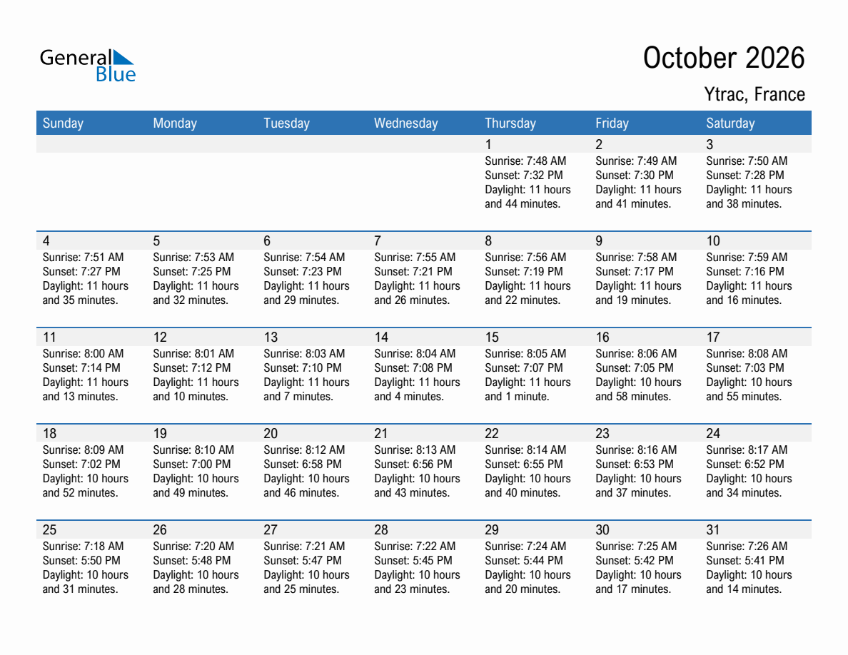 October 2026 sunrise and sunset calendar for Ytrac