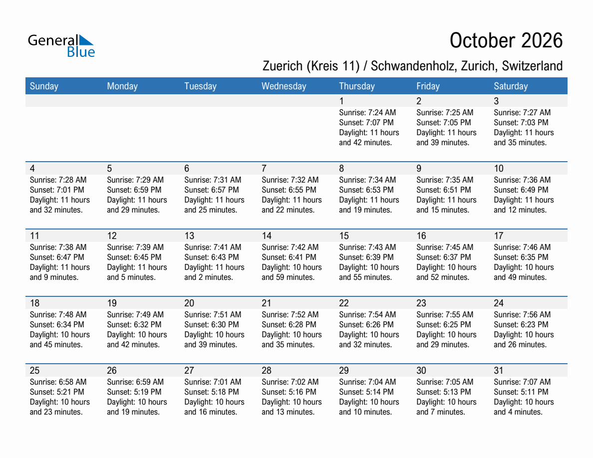 October 2026 sunrise and sunset calendar for Zuerich (Kreis 11) / Schwandenholz
