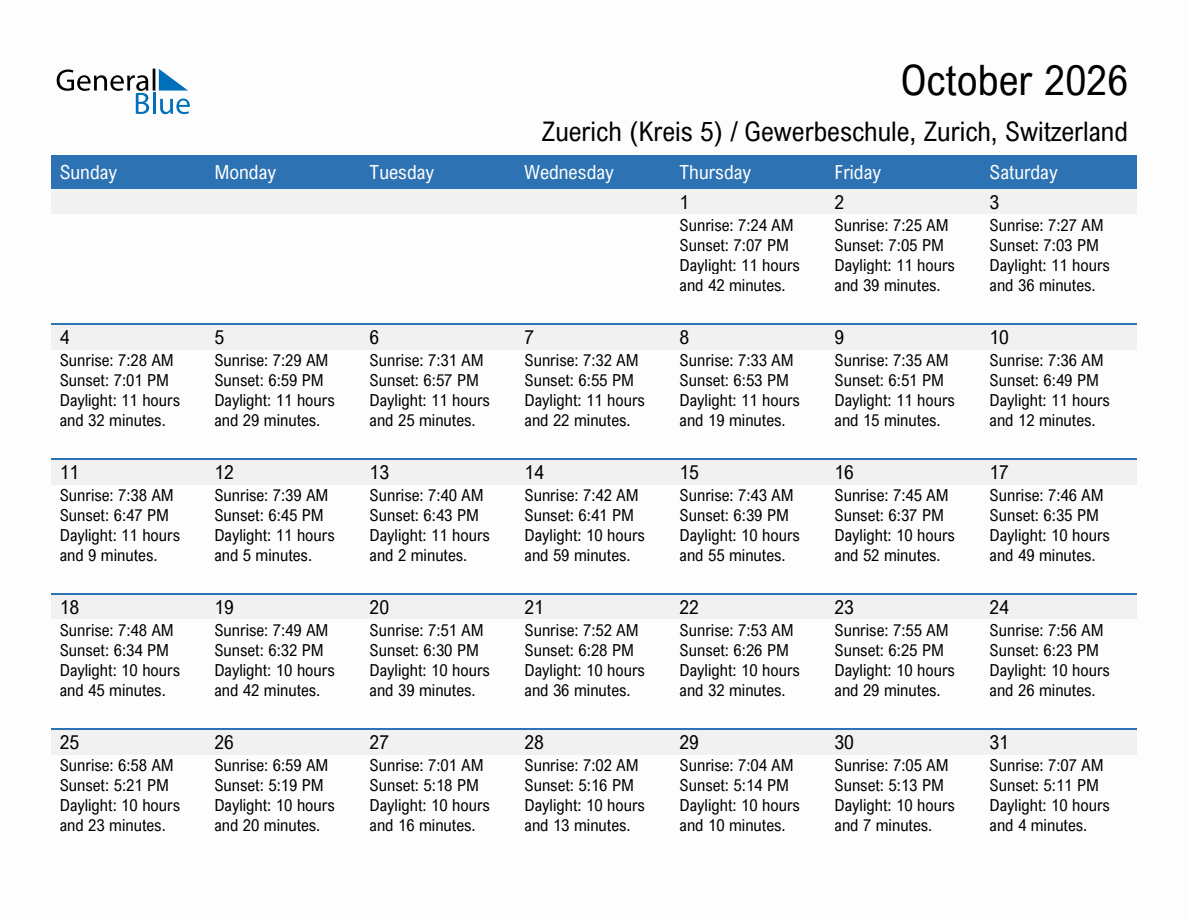 October 2026 sunrise and sunset calendar for Zuerich (Kreis 5) / Gewerbeschule
