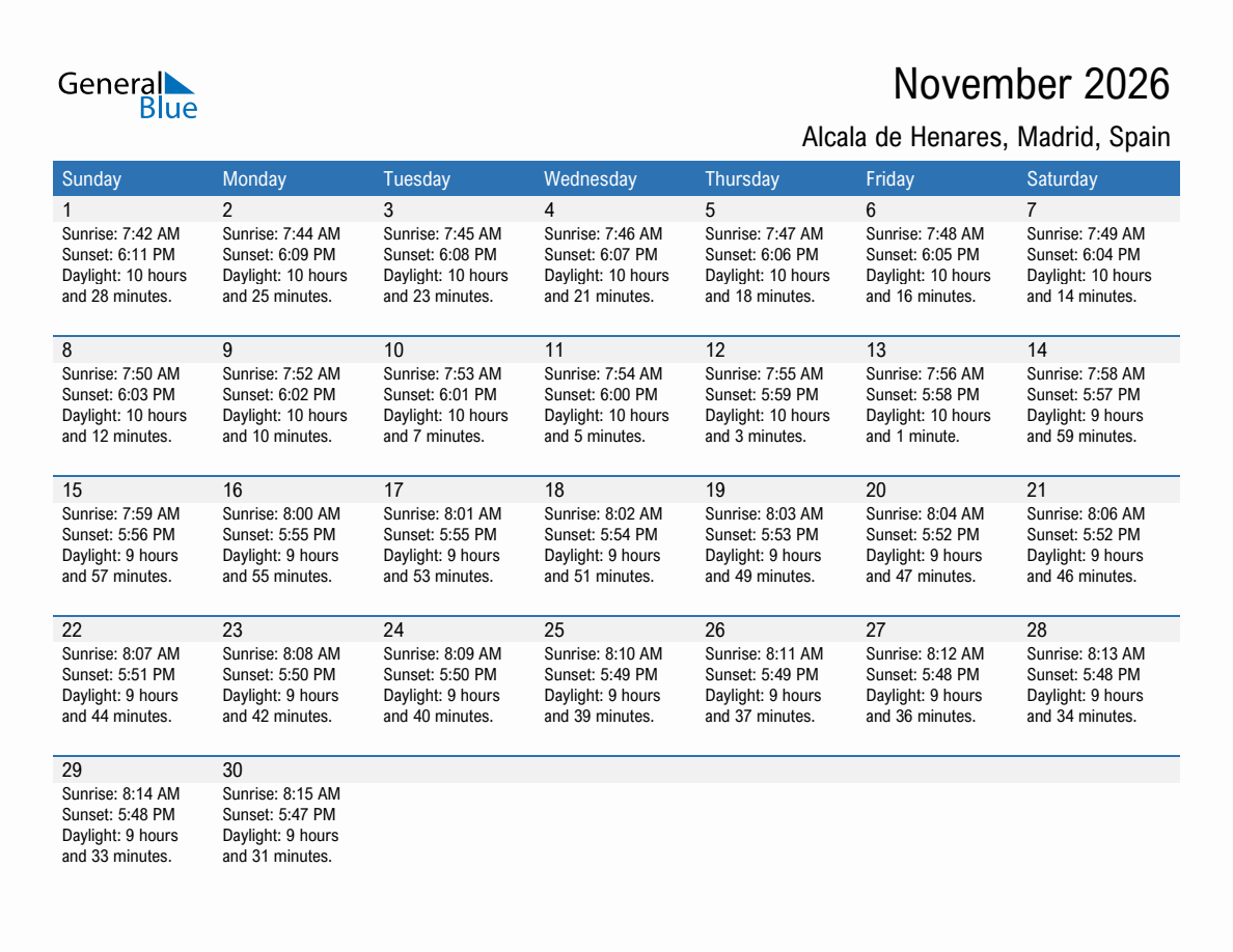 November 2026 sunrise and sunset calendar for Alcala de Henares