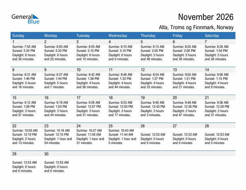 Alta November 2026 sunrise and sunset calendar in PDF, Excel, and Word