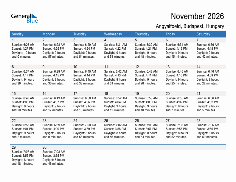 Angyalfoeld November 2026 sunrise and sunset calendar in PDF, Excel, and Word
