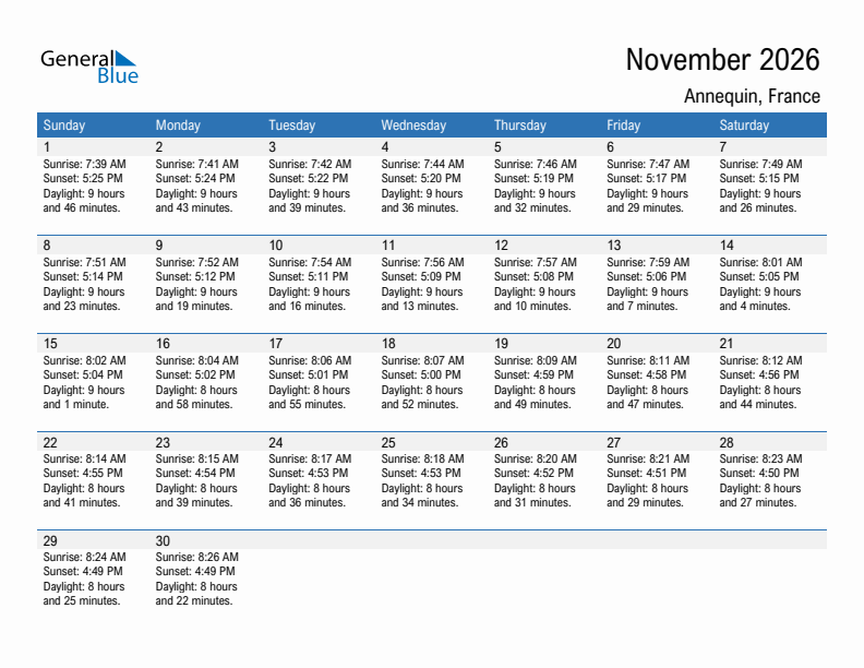 Annequin November 2026 sunrise and sunset calendar in PDF, Excel, and Word